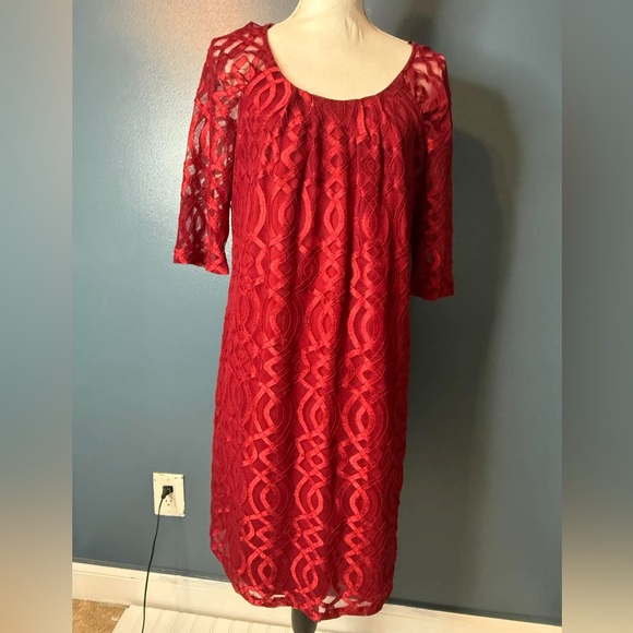 Luxology Dresses & Skirts - Luxology Red Lace Shift Dress size 14 3/4 sleeve Elegant (229)